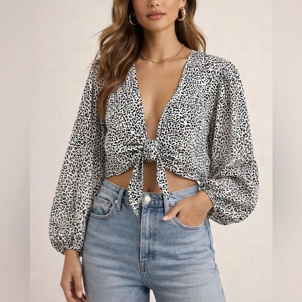 Express Leopard Print Tie Front Crop Top Linen Blend Balloon Sleeve XL
